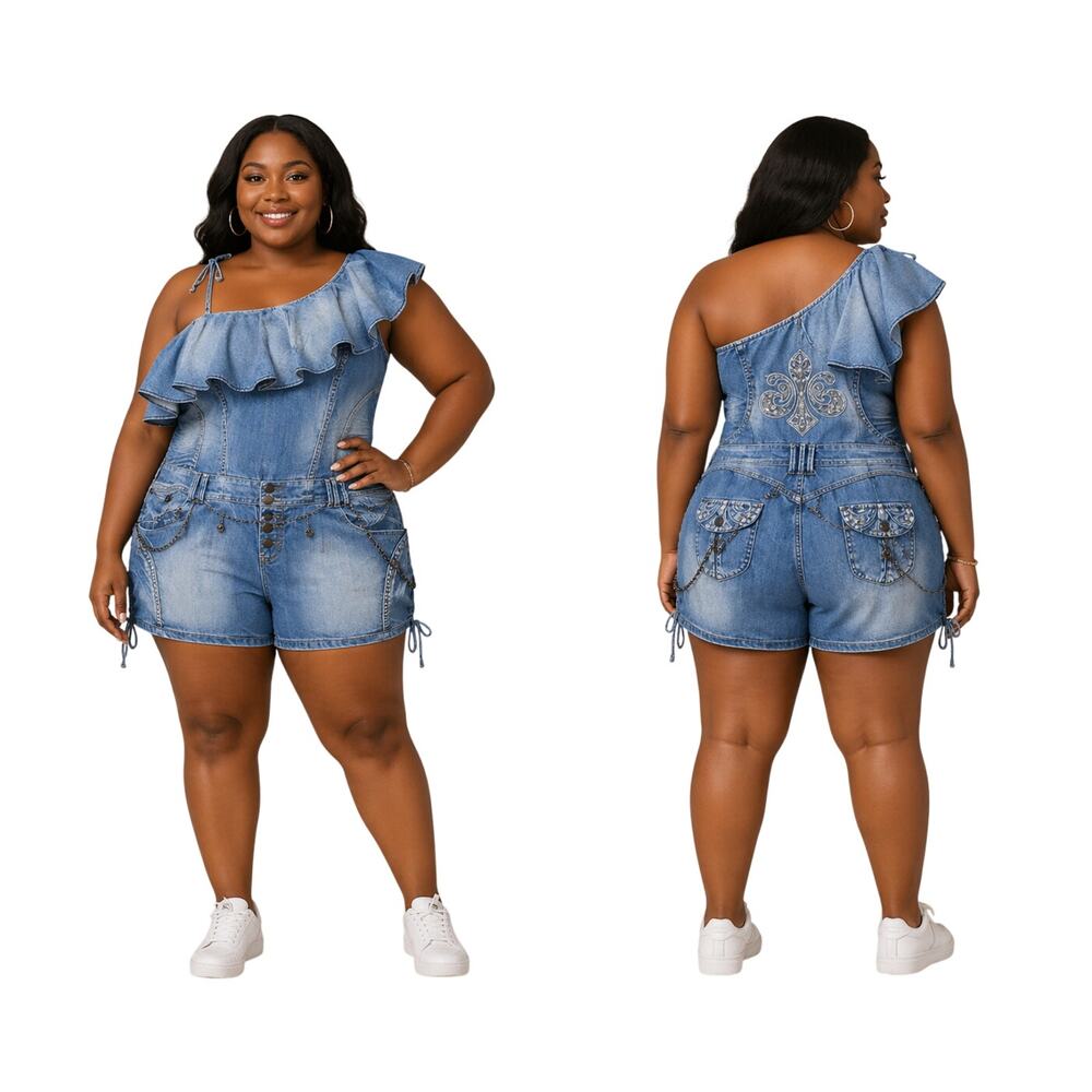 Dereon Denim Romper Womens Plus Size 1X VTG Y2K Urban Streetwear Blue Jean Belt
